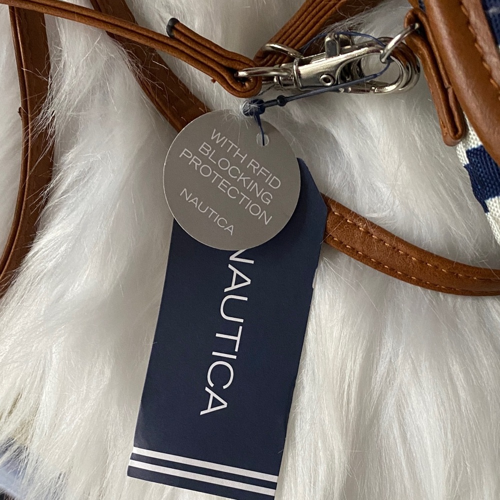 Nautica Striped Crossbody Bag navy blue and white with Tan Accents - Picture 7 of 9